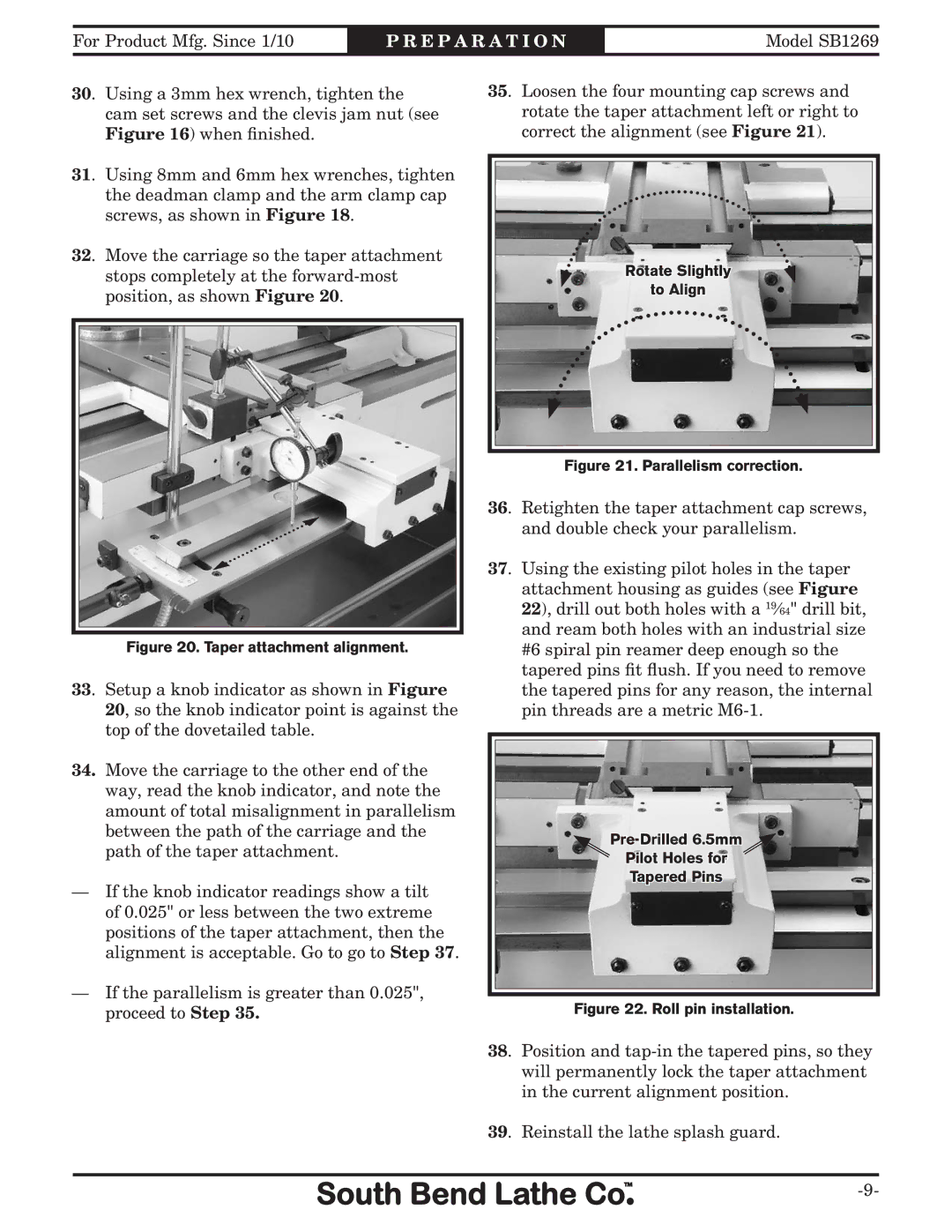 Southbend SB1269 instruction sheet Taper attachment alignment 