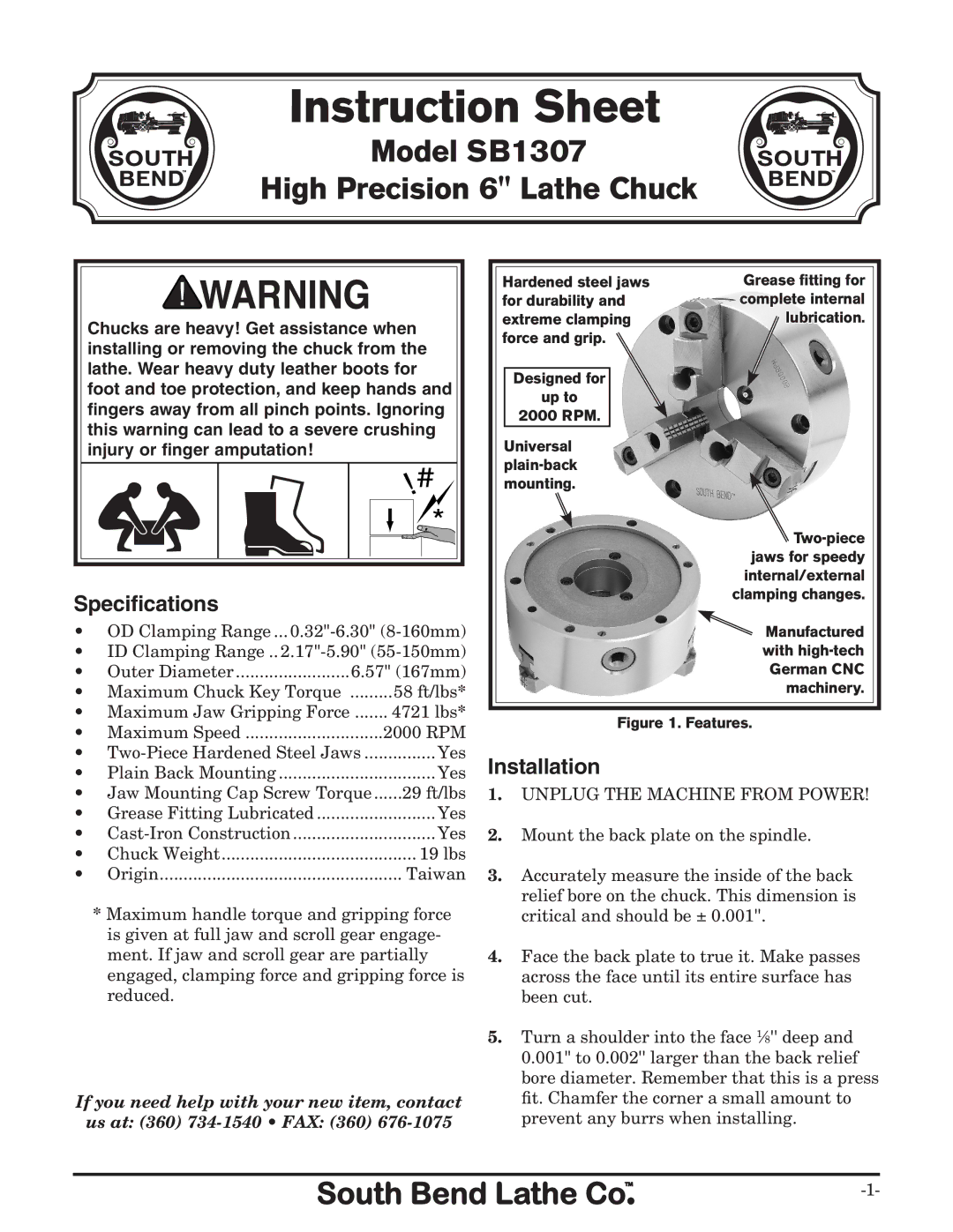 Southbend SB1307 instruction sheet Specifications, Installation 