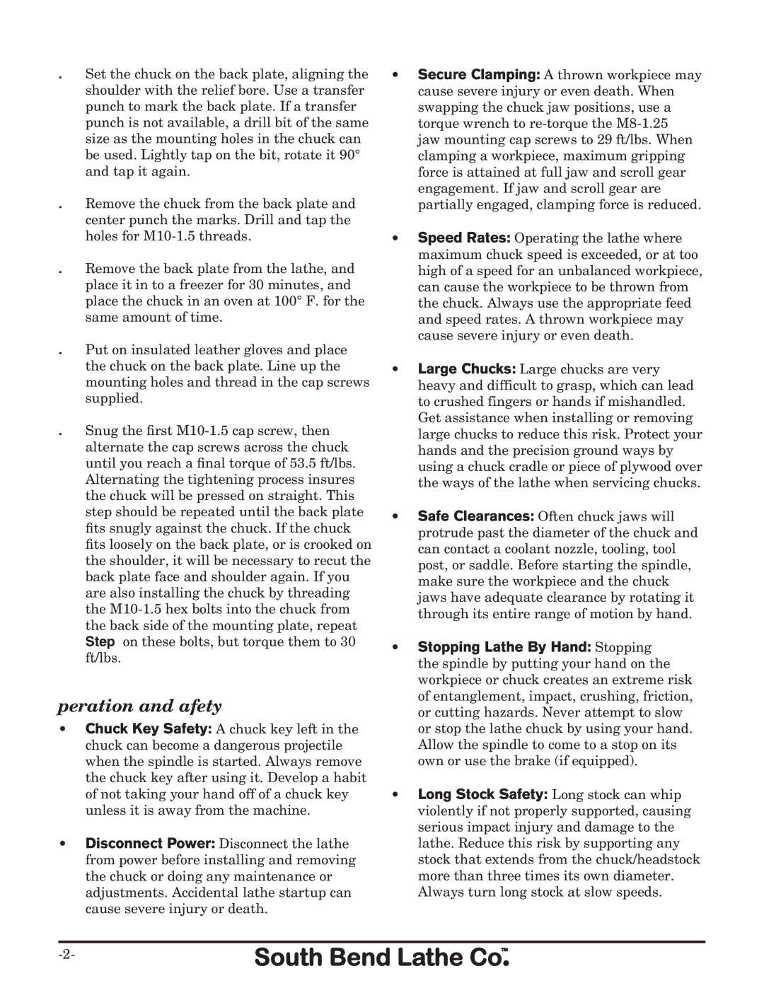 Southbend SB1307 instruction sheet Operation and Safety 