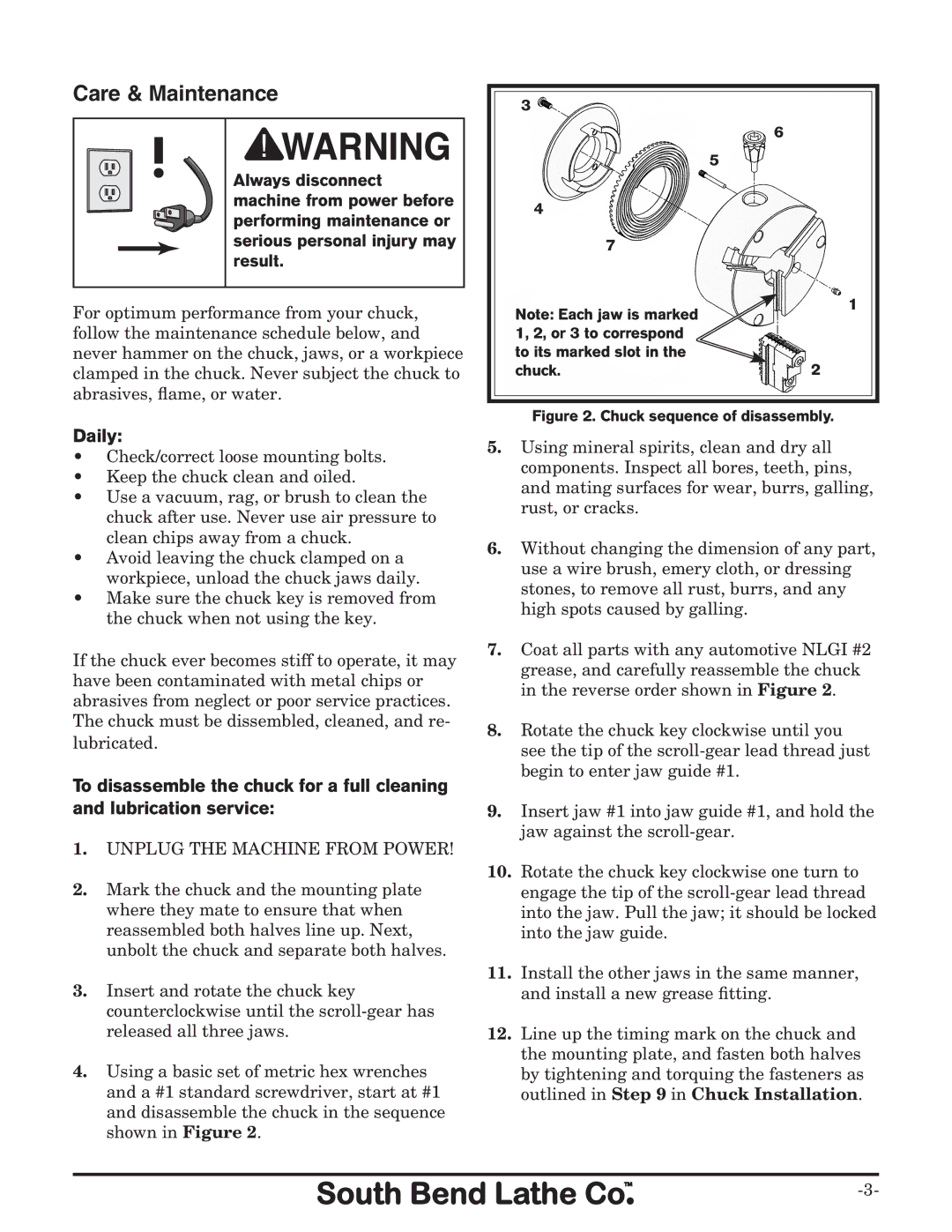 Southbend SB1307 instruction sheet Care & Maintenance, Daily 