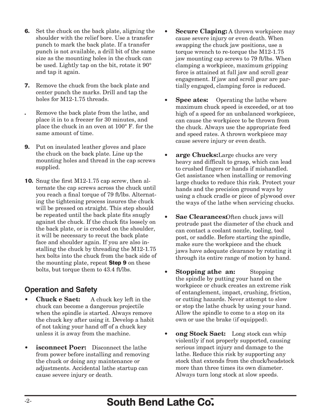 Southbend SB1310 instruction sheet Operation and Safety 