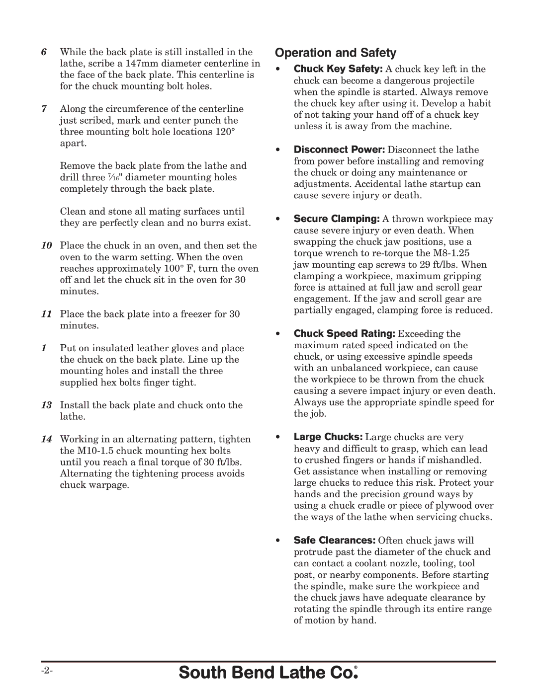 Southbend SB1313 instruction sheet Operation and Safety 