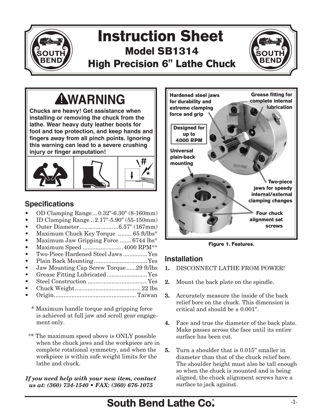 Southbend SB1314 instruction sheet Specifications, Installation 