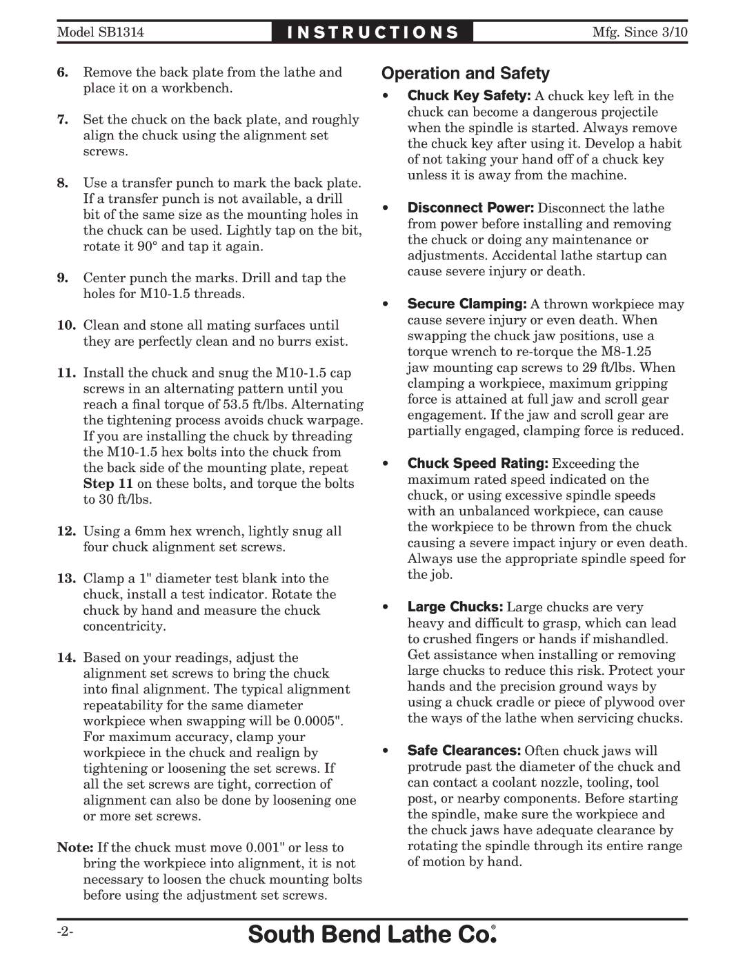 Southbend SB1314 instruction sheet S T R U C T I O N S, Operation and Safety 