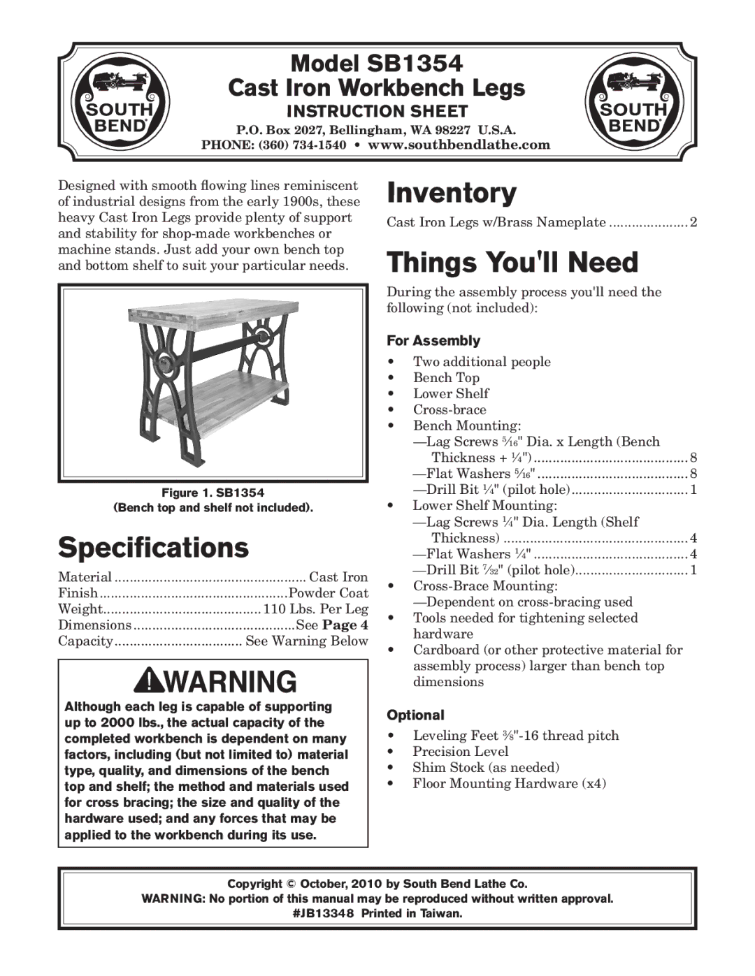 Southbend SB1354 instruction sheet Specifications, Inventory, Things Youll Need, For Assembly, Optional 