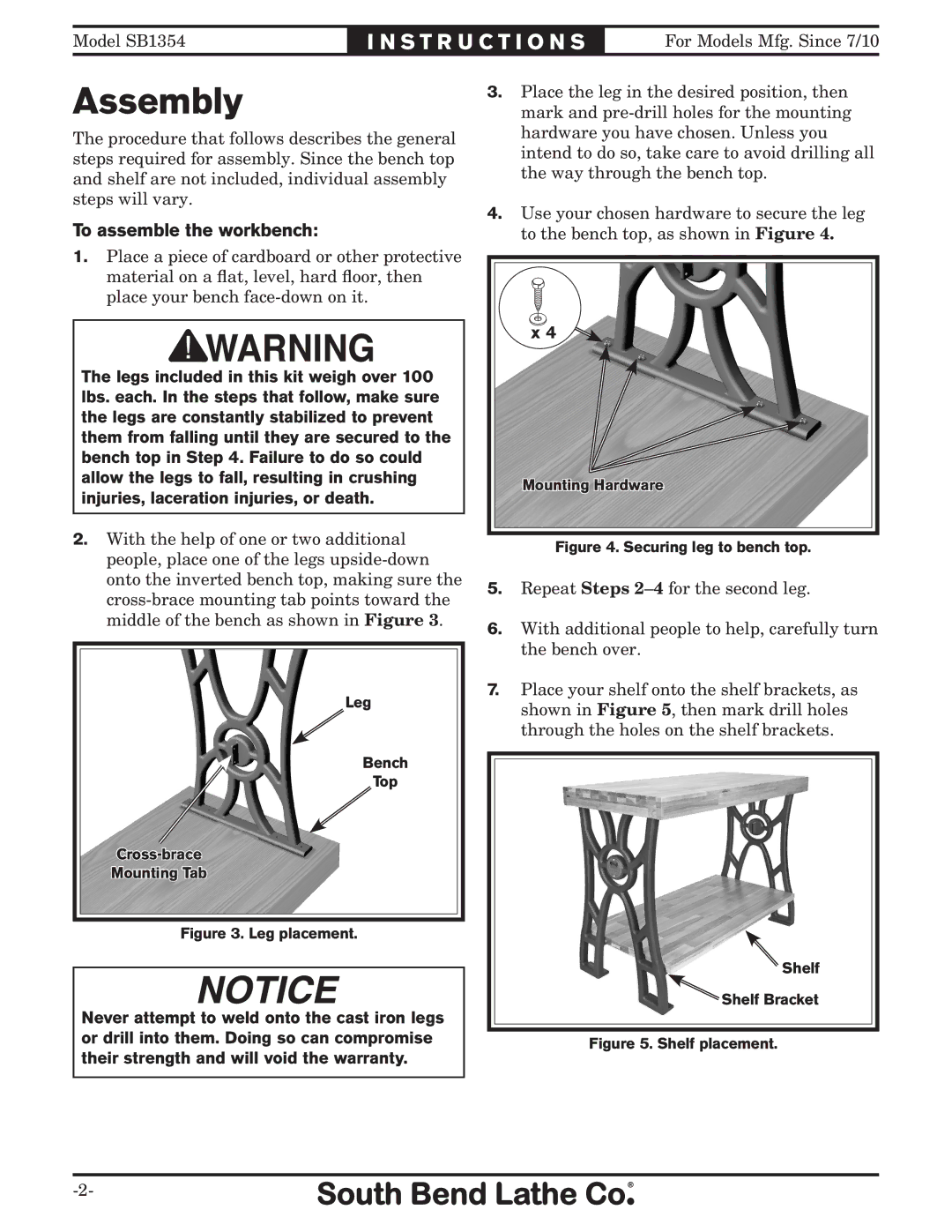 Southbend SB1354 instruction sheet Assembly, To assemble the workbench 