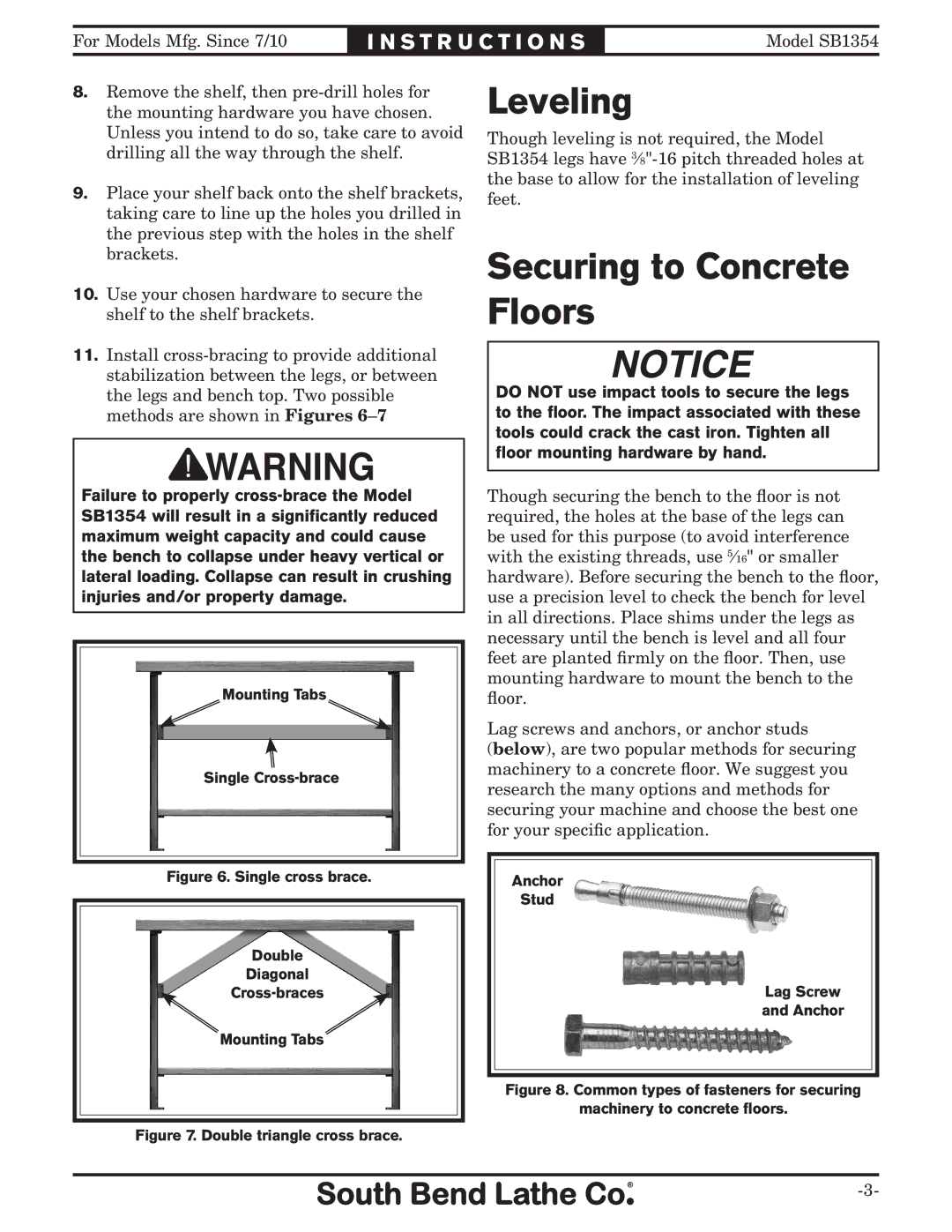 Southbend SB1354 instruction sheet Leveling, Securing to Concrete Floors 