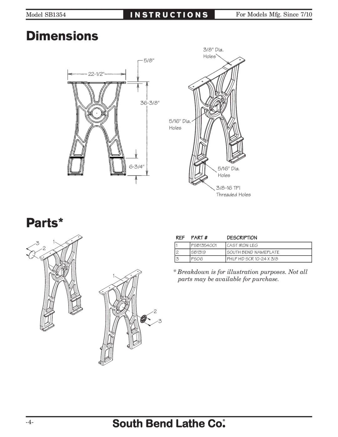 Southbend SB1354 instruction sheet Dimensions, Parts 