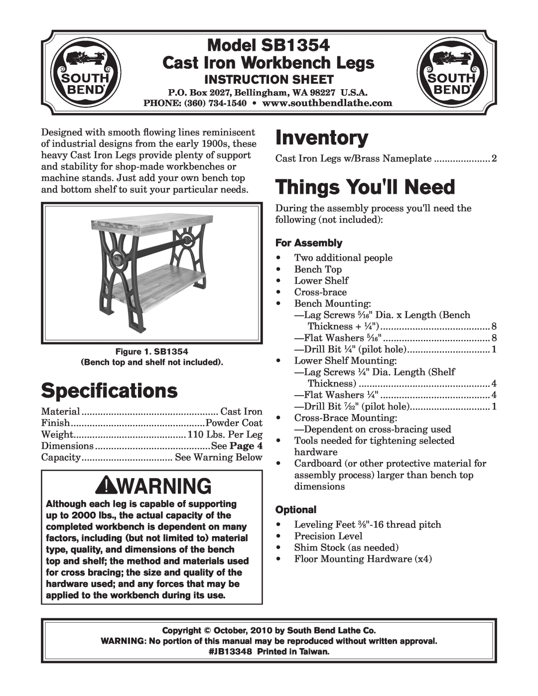 Southbend SB1354 instruction sheet Specifications, Inventory, Things Youll Need, For Assembly, Optional, Instruction Sheet 