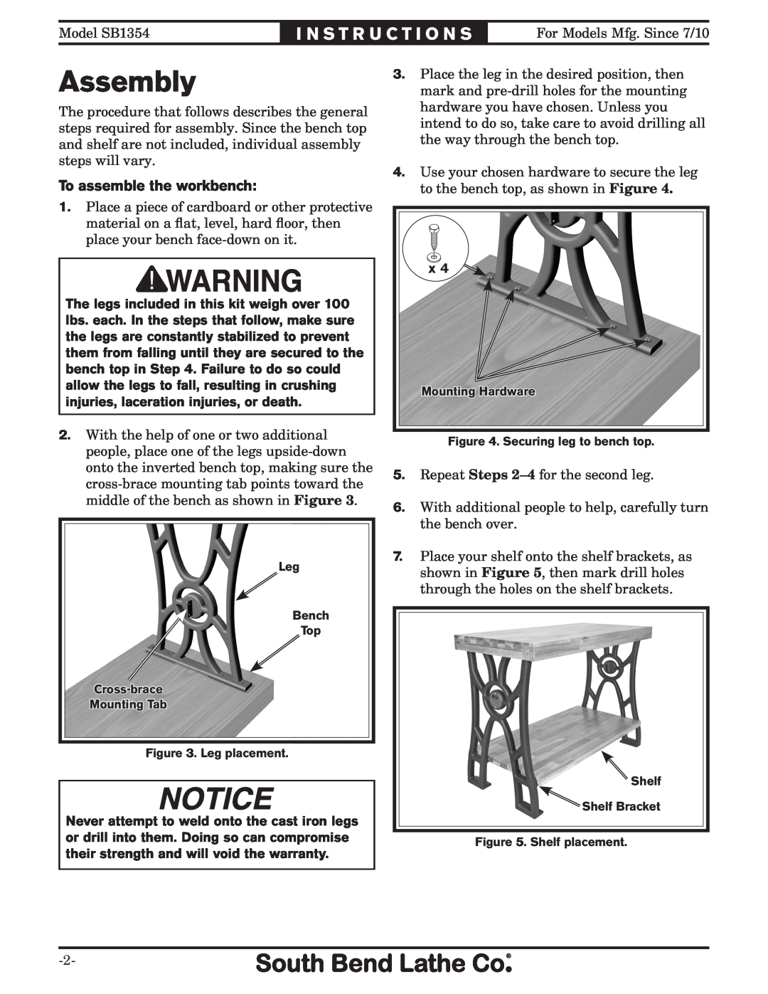 Southbend SB1354 instruction sheet Assembly, I N S T R U C T I O N S, To assemble the workbench 