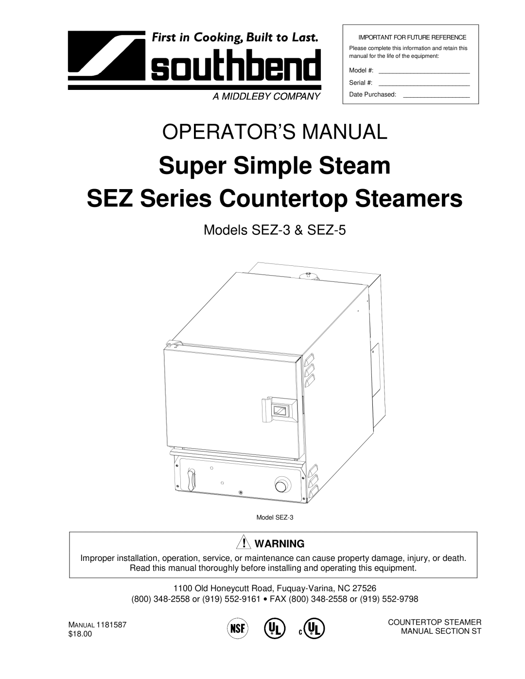 Southbend SEZ-3, SEZ-5 manual Super Simple Steam SEZ Series Countertop Steamers 