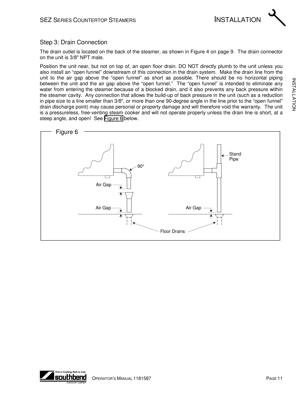 Southbend SEZ-3, SEZ-5 manual Drain Connection 