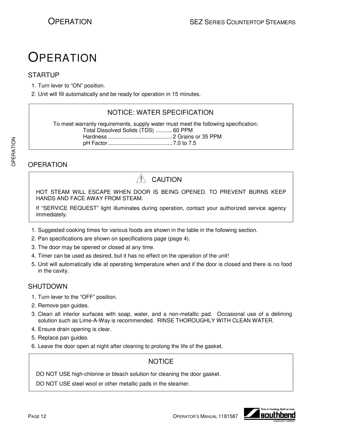 Southbend SEZ-5, SEZ-3 manual Operation, Startup, Shutdown 