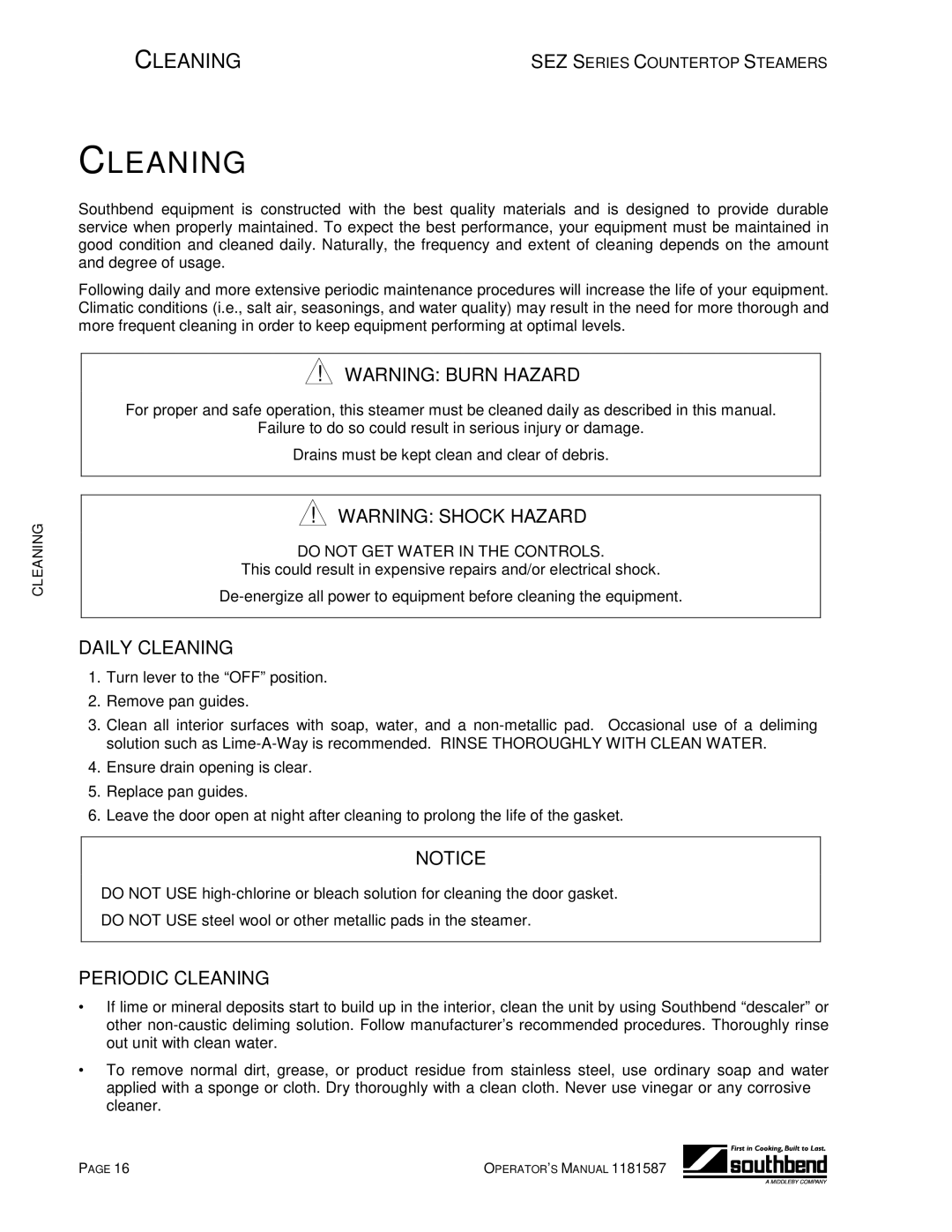 Southbend SEZ-5, SEZ-3 manual Daily Cleaning, Periodic Cleaning 