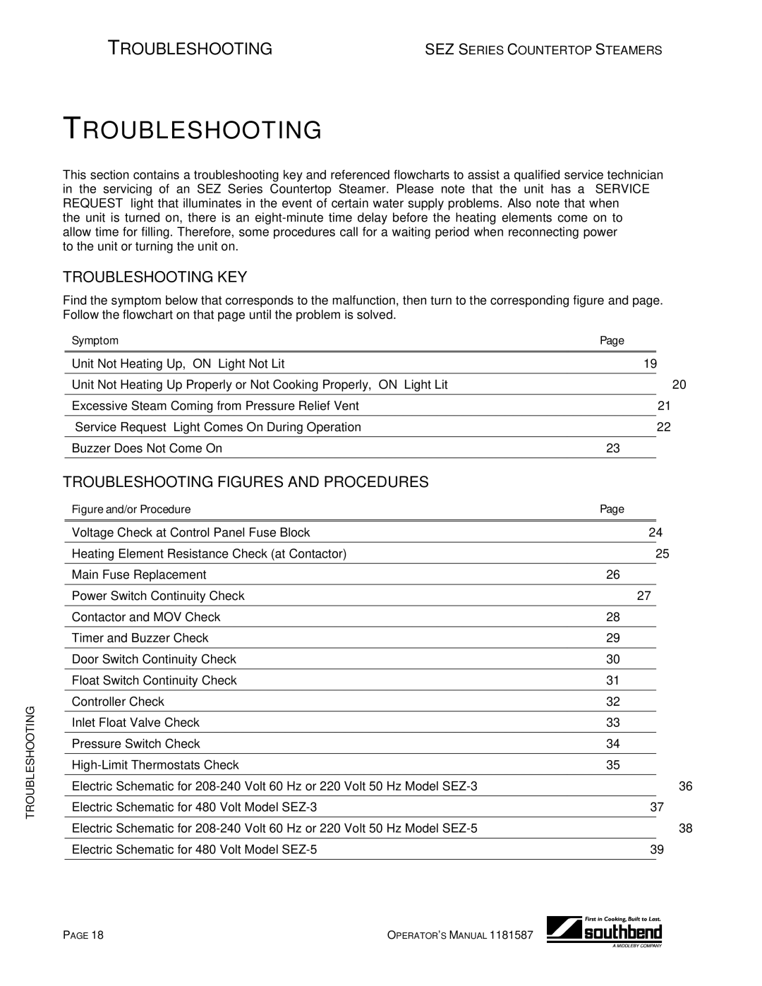 Southbend SEZ-5, SEZ-3 manual Troubleshooting KEY, Troubleshooting Figures and Procedures 