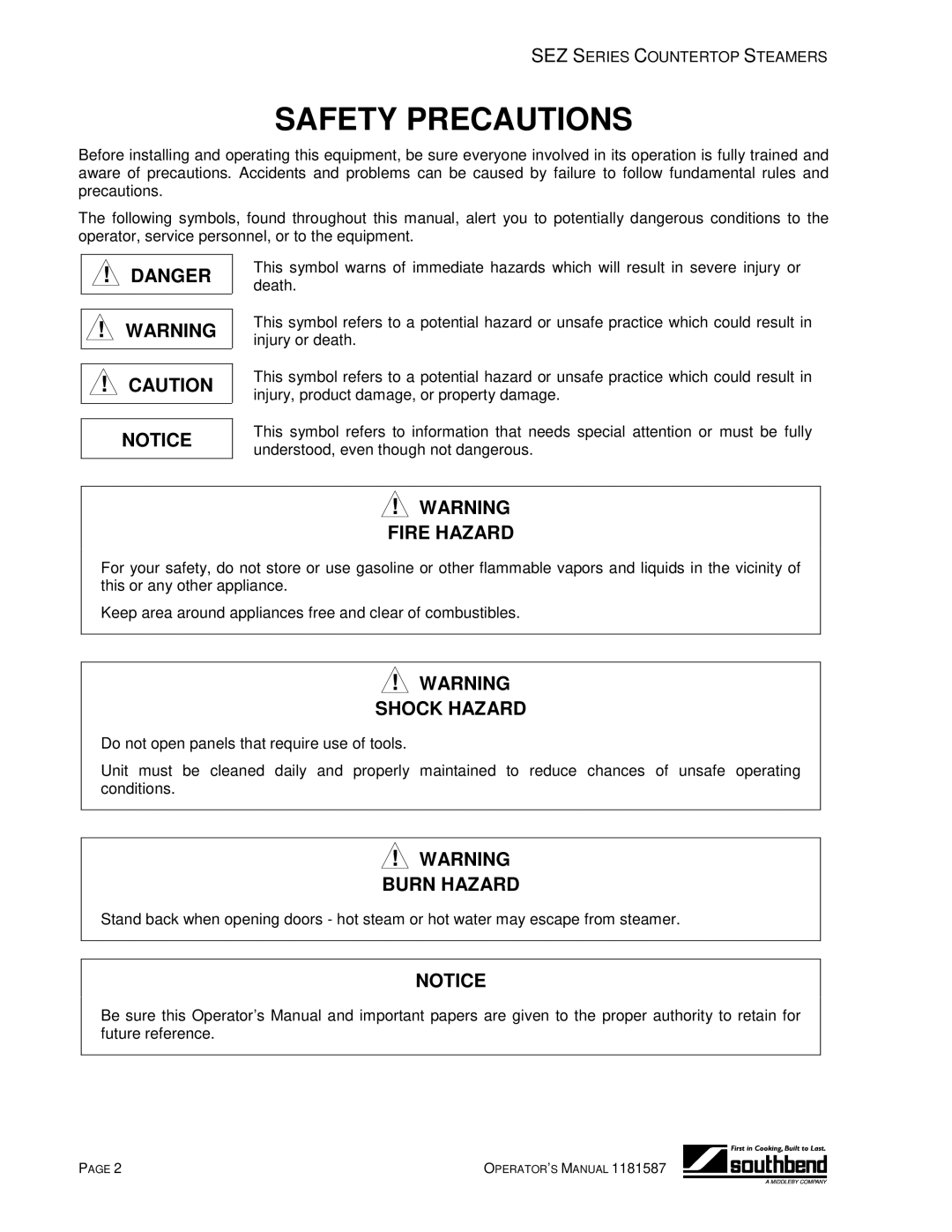 Southbend SEZ-5, SEZ-3 manual Safety Precautions 