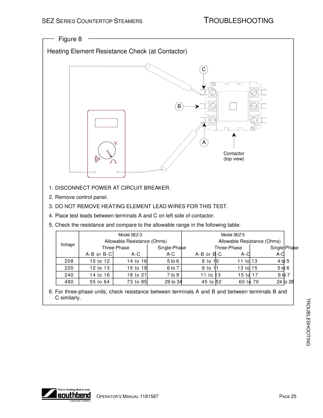 Southbend SEZ-3 Heating Element Resistance Check at Contactor, Do not Remove Heating Element Lead Wires for this Test 