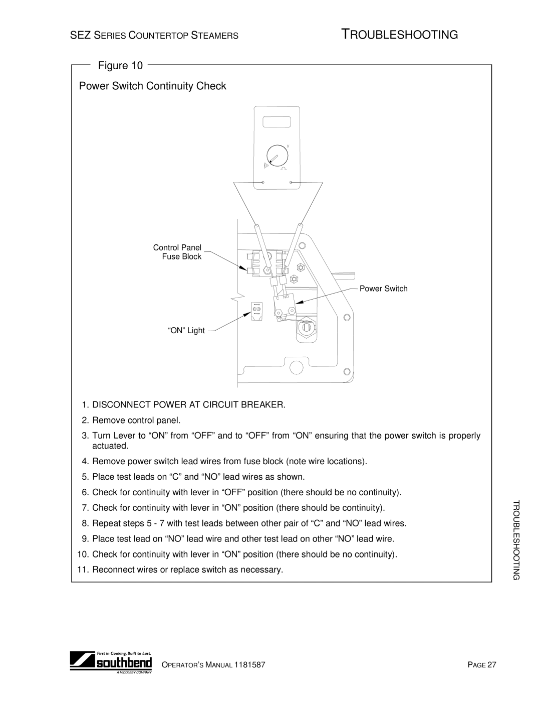 Southbend SEZ-3, SEZ-5 manual Power Switch Continuity Check 