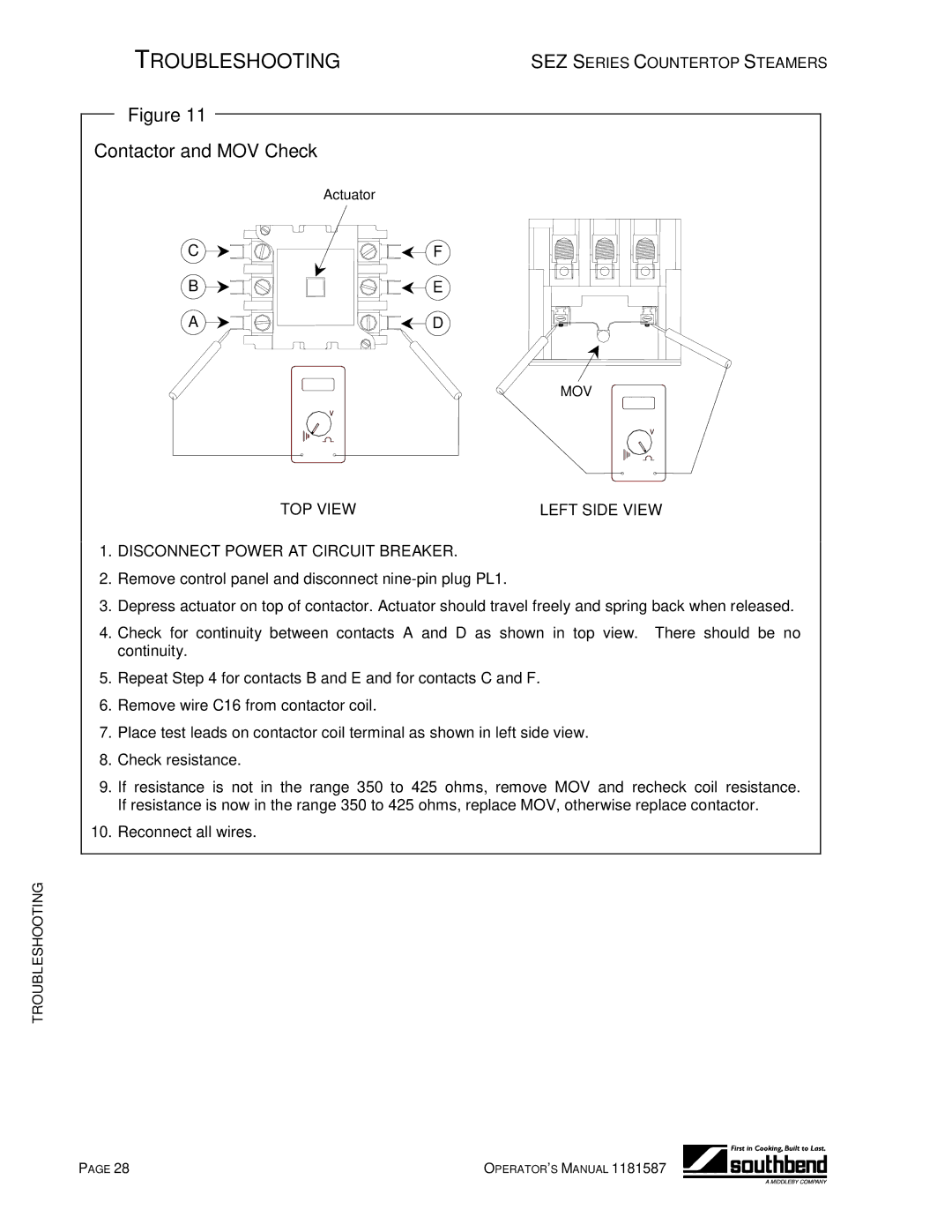 Southbend SEZ-5, SEZ-3 manual Contactor and MOV Check 