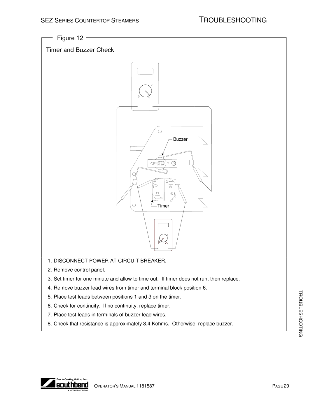 Southbend SEZ-3, SEZ-5 manual Timer and Buzzer Check 