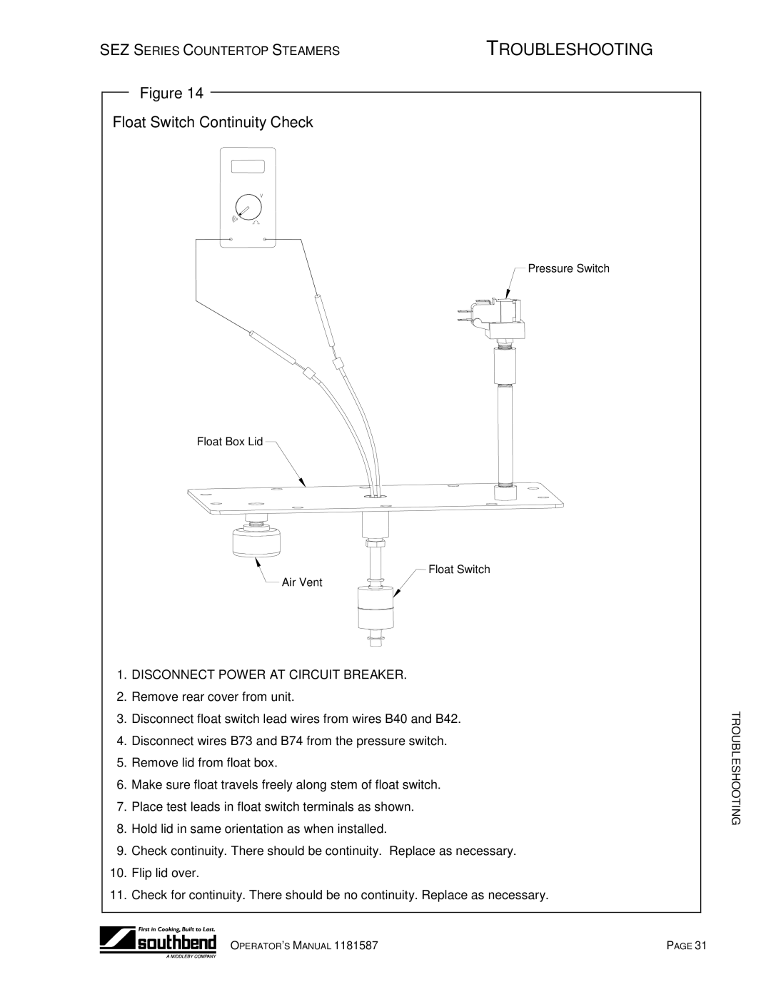 Southbend SEZ-3, SEZ-5 manual Float Switch Continuity Check 