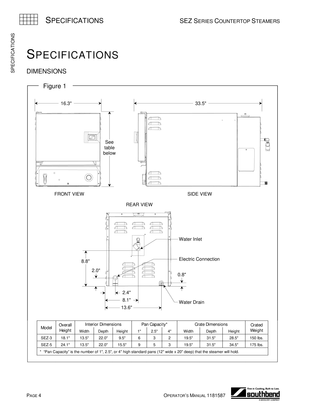 Southbend SEZ-5, SEZ-3 manual Specifications, Dimensions 