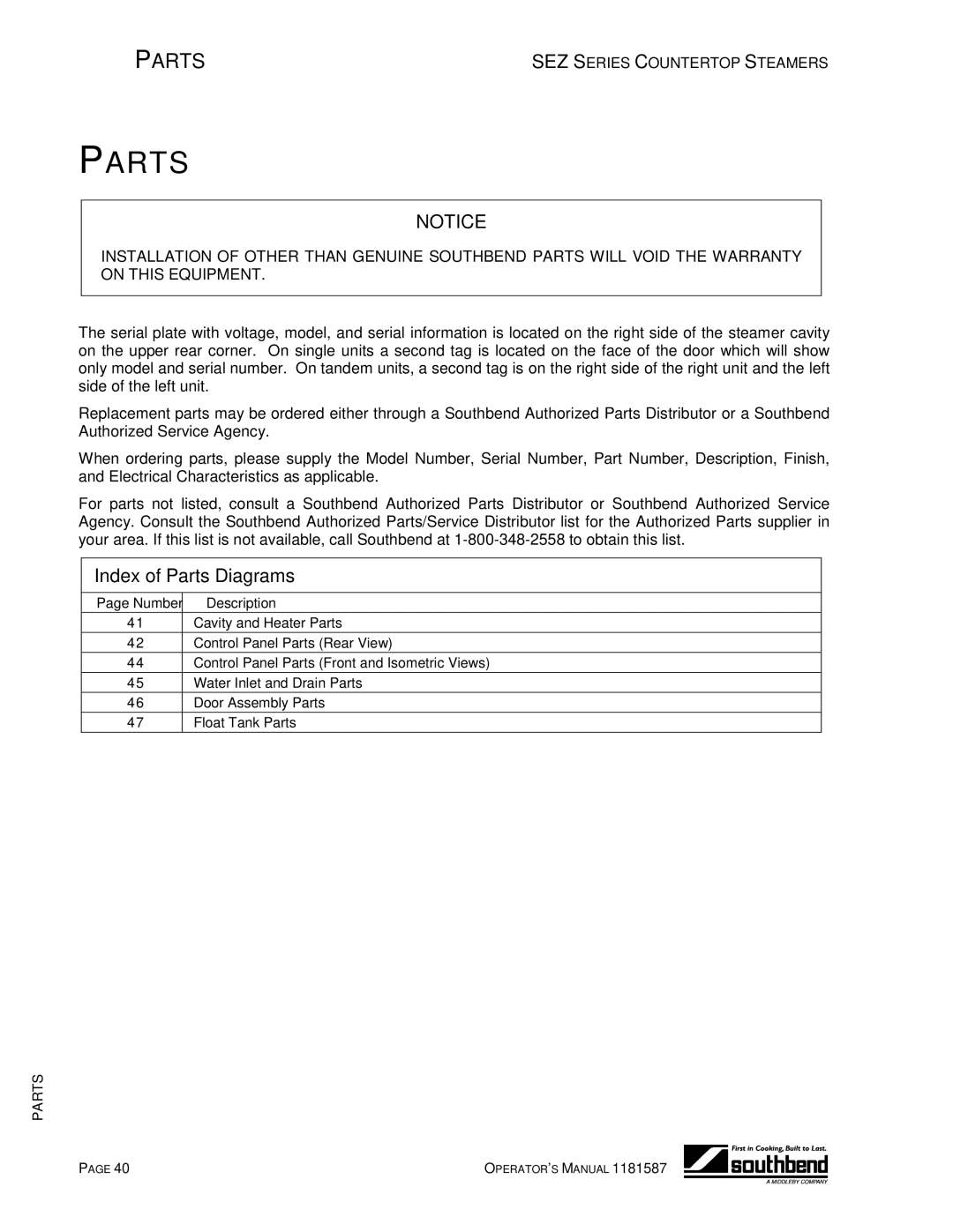 Southbend SEZ-5, SEZ-3 manual Index of Parts Diagrams 