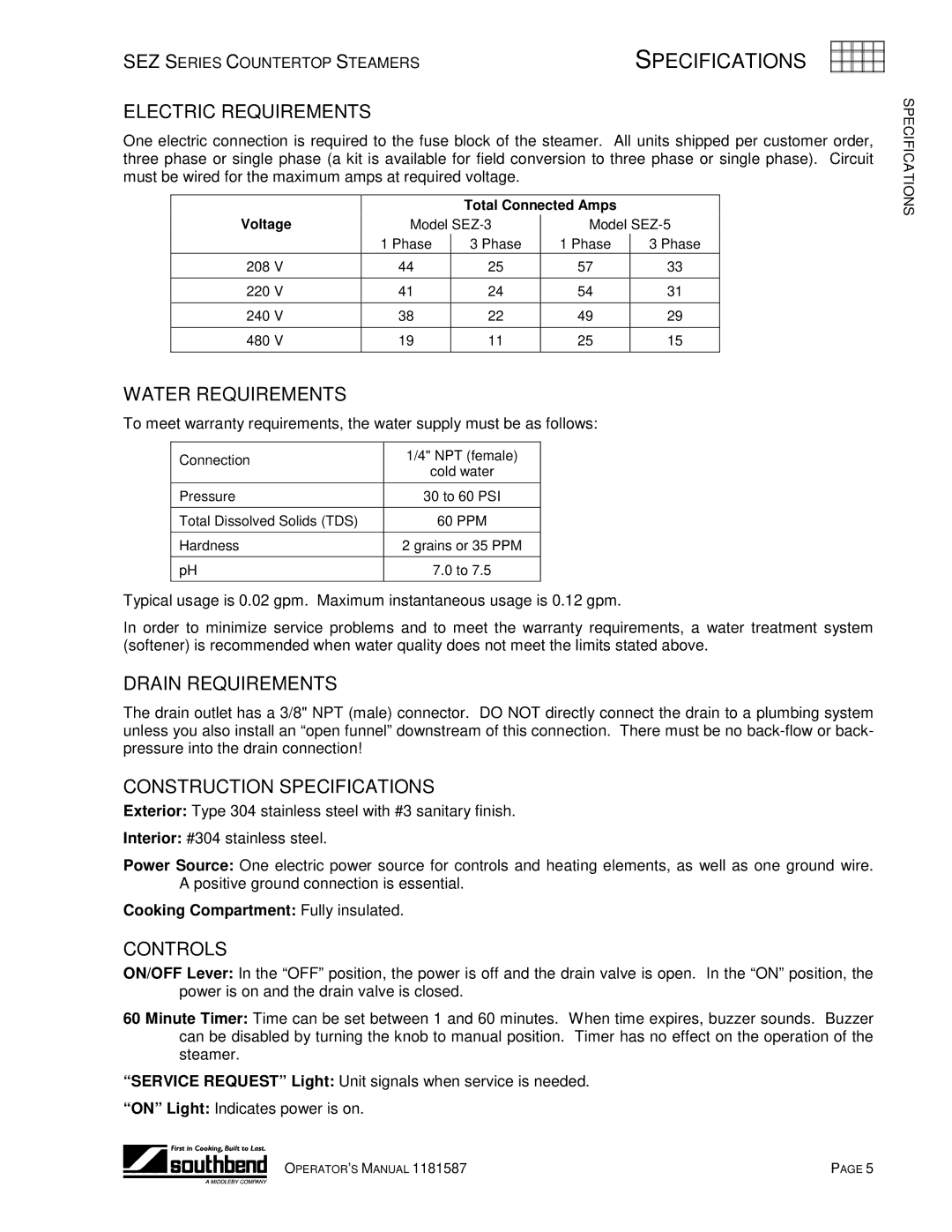 Southbend SEZ-3 manual Electric Requirements, Water Requirements, Drain Requirements, Construction Specifications, Controls 