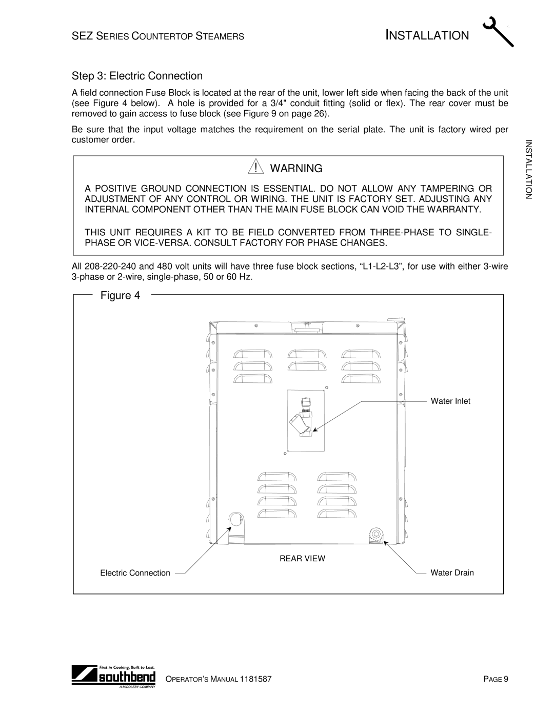 Southbend SEZ-3, SEZ-5 manual Electric Connection 