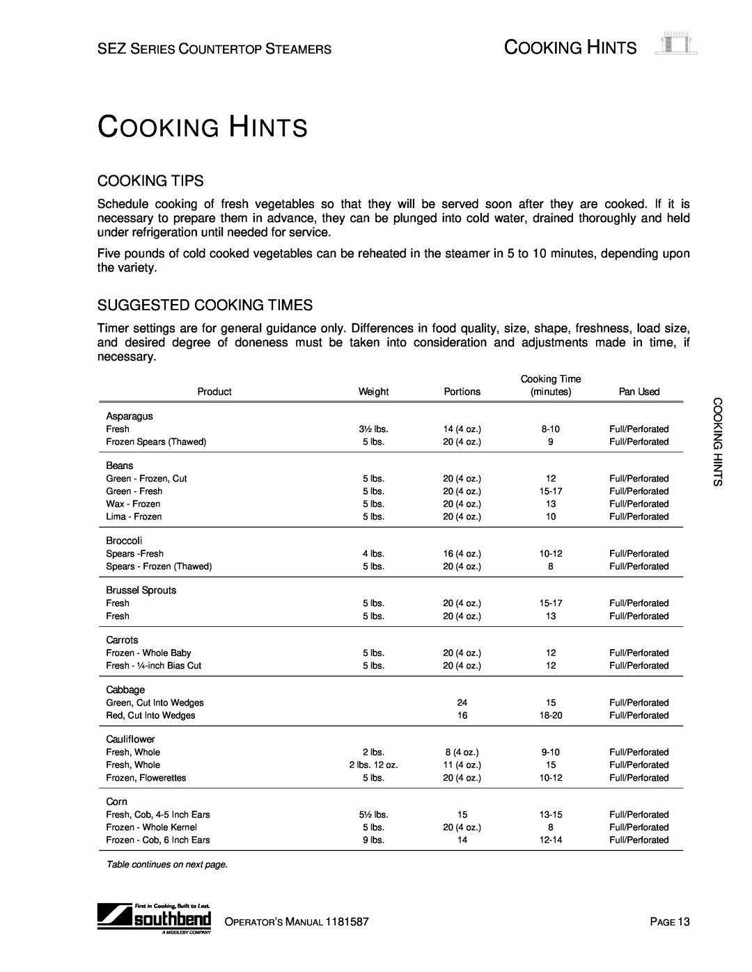 Southbend SEZ-3, SEZ-5 manual Cooking Hints, Cooking Tips, Suggested Cooking Times 