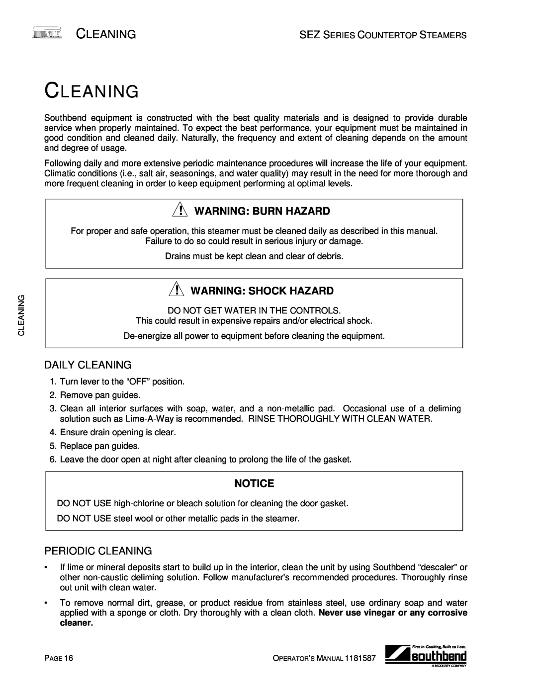 Southbend SEZ-5, SEZ-3 manual Daily Cleaning, Periodic Cleaning, Warning Burn Hazard, Warning Shock Hazard 