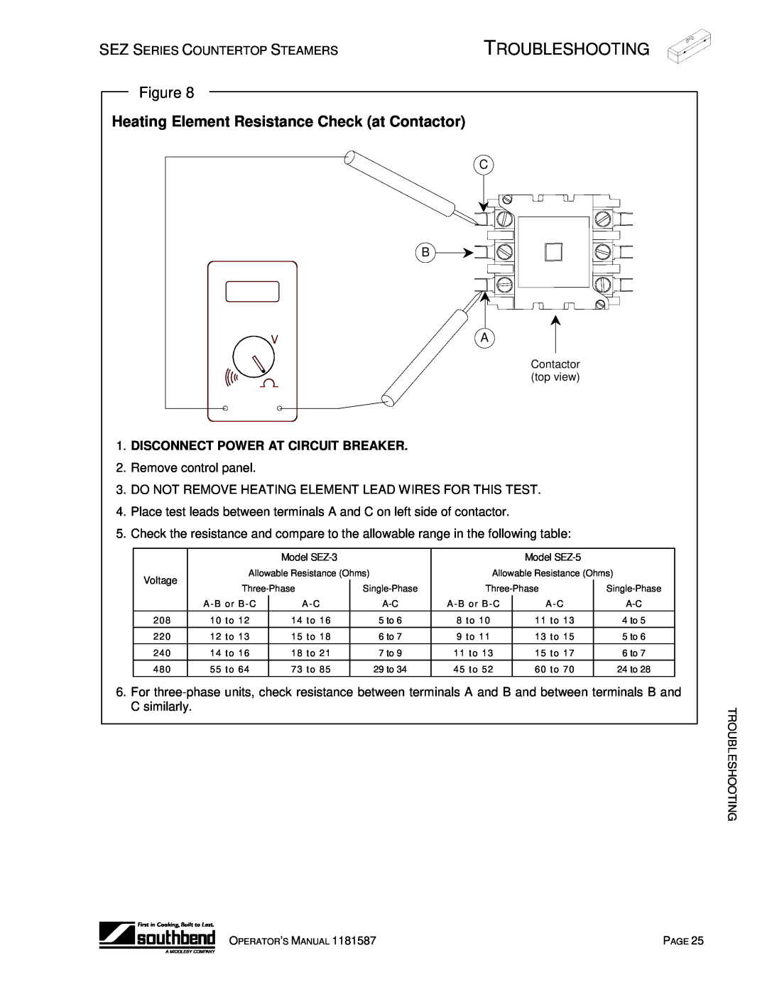 Southbend SEZ-3, SEZ-5 Heating Element Resistance Check at Contactor, Troubleshooting, Disconnect Power At Circuit Breaker 