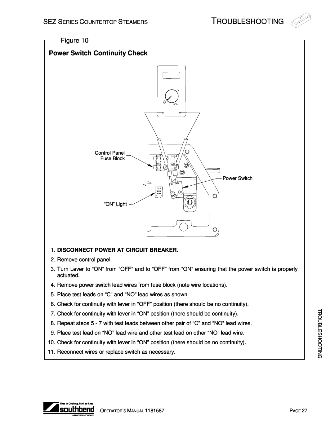 Southbend SEZ-3, SEZ-5 manual Power Switch Continuity Check, Troubleshooting, Disconnect Power At Circuit Breaker 
