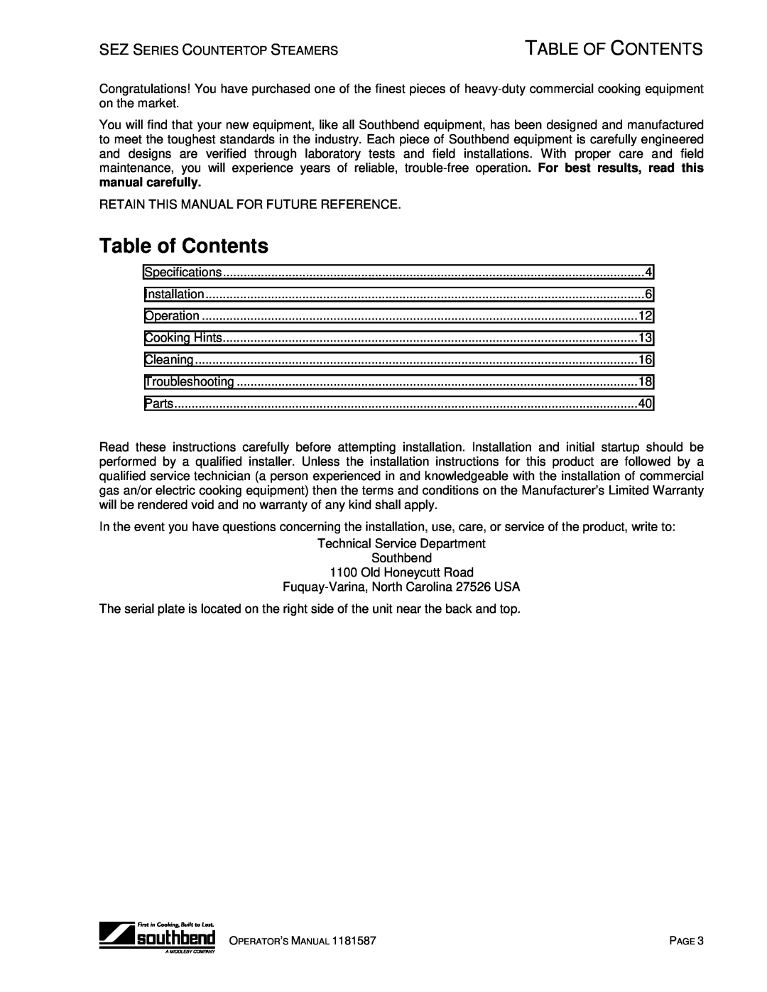 Southbend SEZ-3, SEZ-5 manual Table Of Contents, Table of Contents 