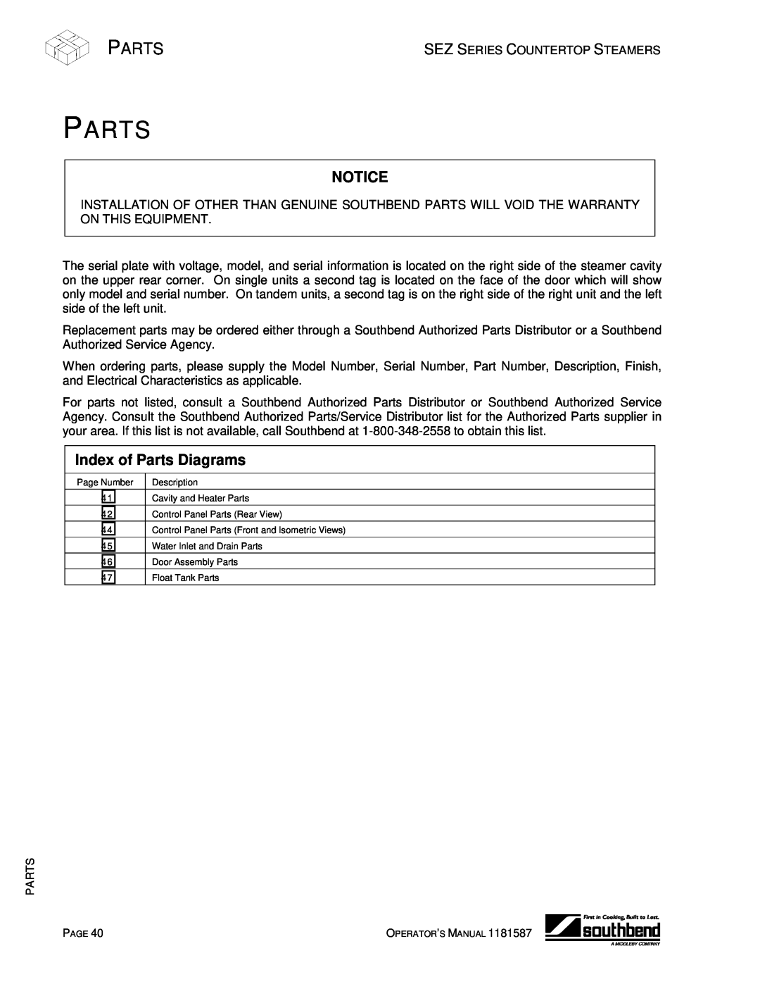 Southbend SEZ-5, SEZ-3 manual Index of Parts Diagrams 