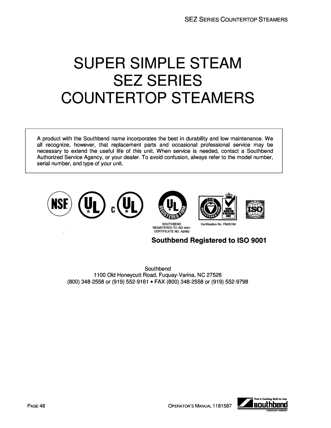 Southbend SEZ-5, SEZ-3 manual Super Simple Steam Sez Series Countertop Steamers 