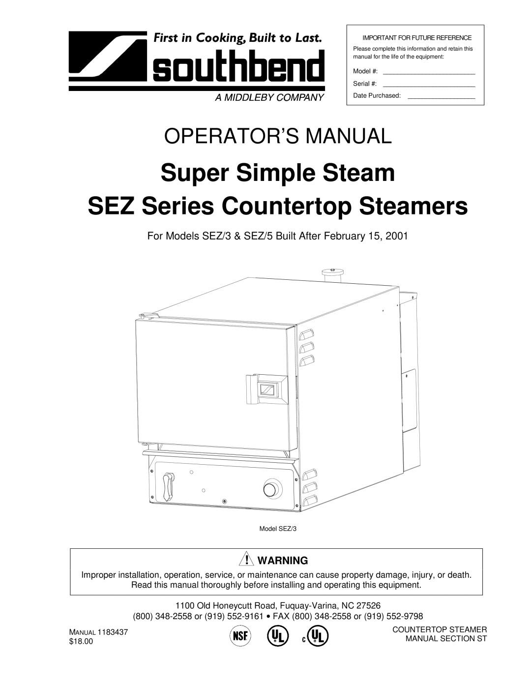 Southbend manual Super Simple Steam SEZ Series Countertop Steamers, For Models SEZ/3 & SEZ/5 Built After February 15 