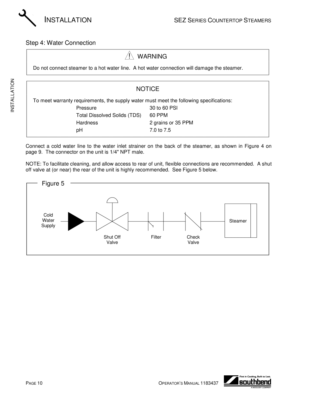 Southbend SEZ/3 manual Water Connection 