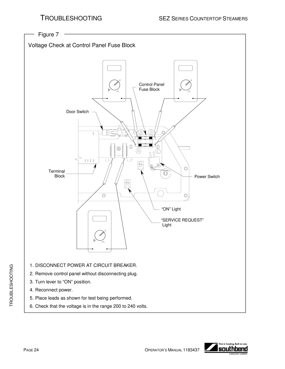 Southbend SEZ/3 manual Voltage Check at Control Panel Fuse Block, Disconnect Power AT Circuit Breaker 