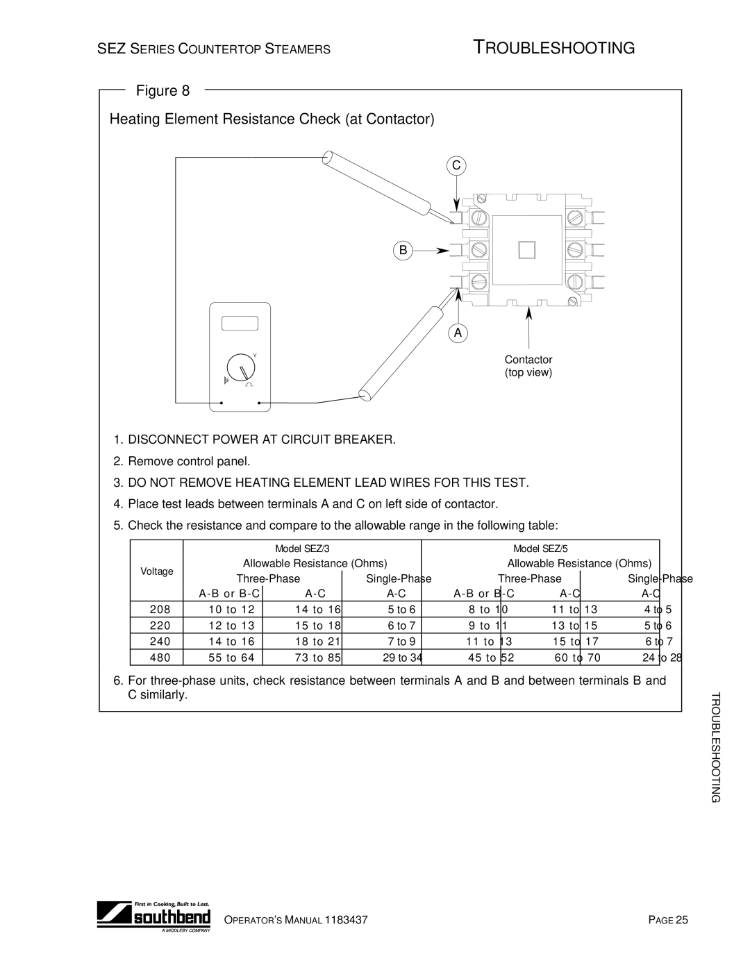 Southbend SEZ/3 Heating Element Resistance Check at Contactor, Do not Remove Heating Element Lead Wires for this Test 