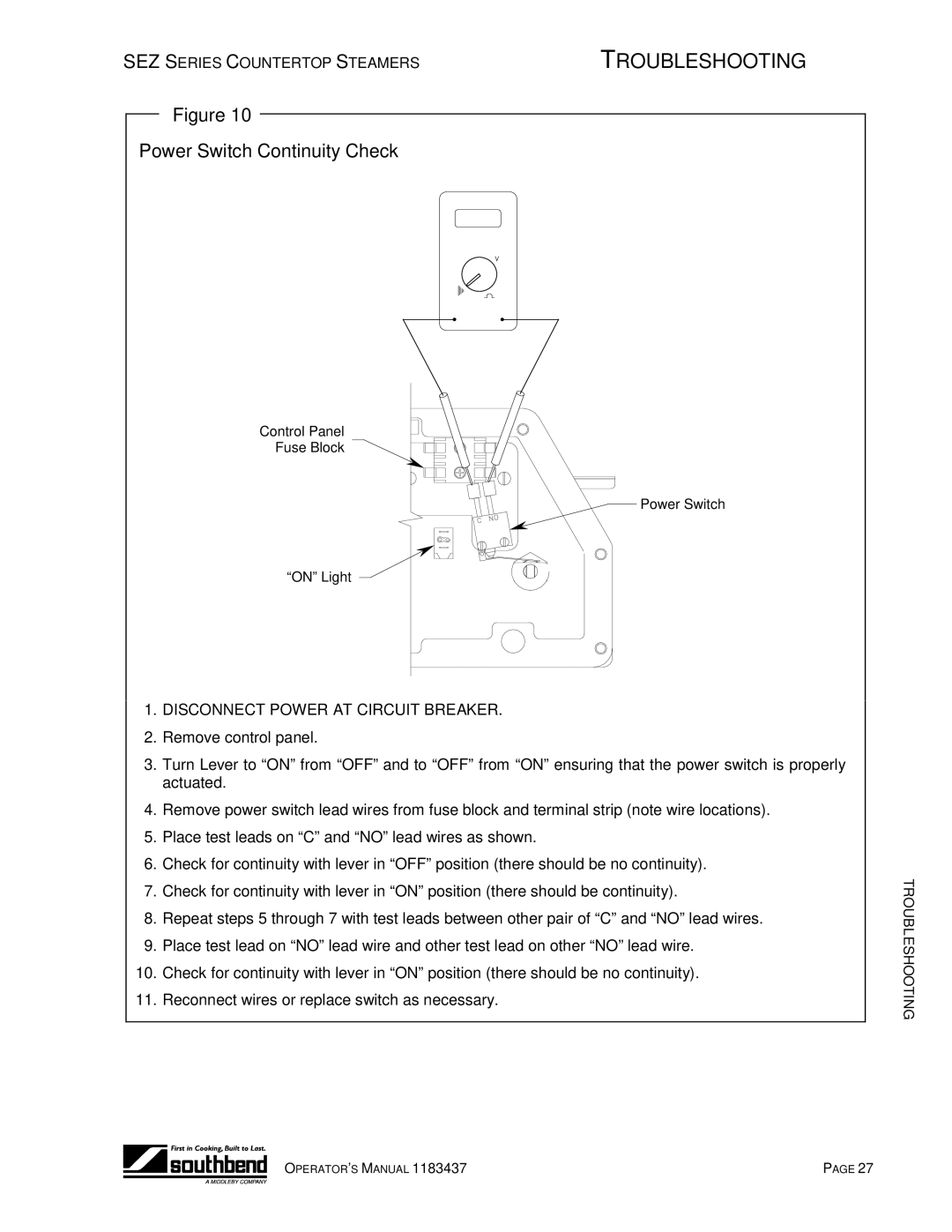 Southbend SEZ/3 manual Power Switch Continuity Check 