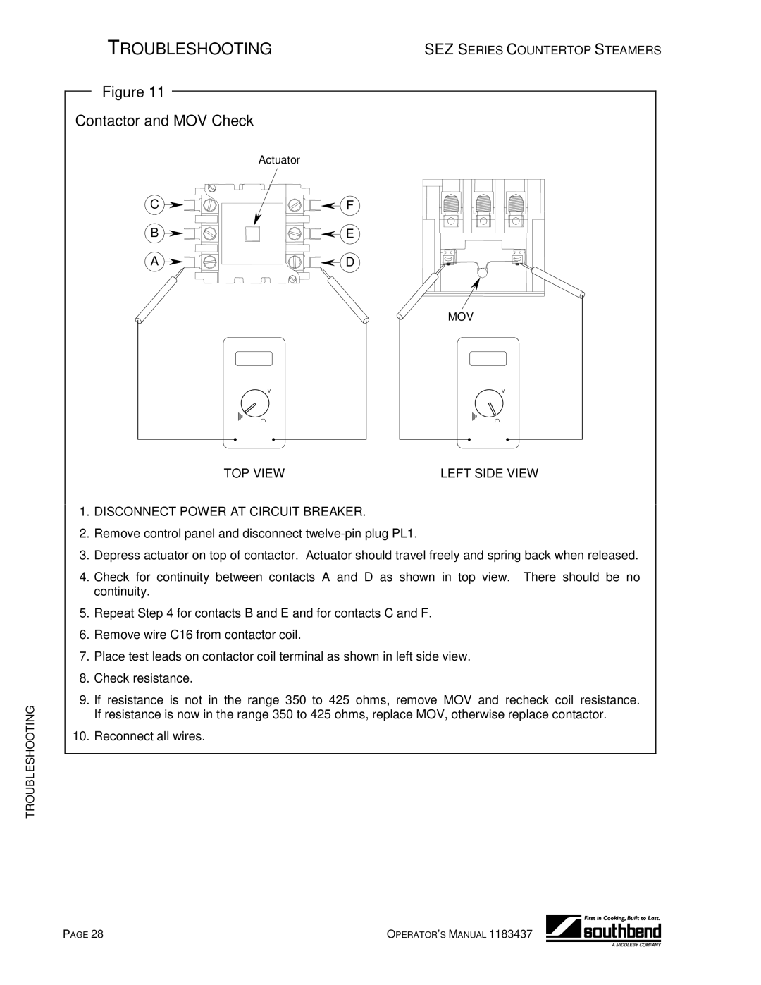 Southbend SEZ/3 manual Contactor and MOV Check 