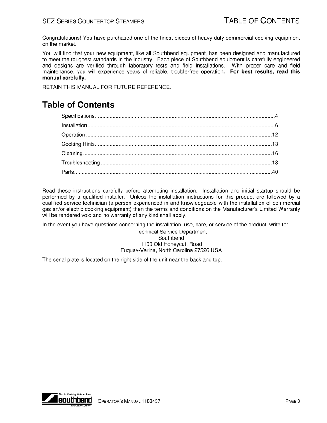 Southbend SEZ/3 manual Table of Contents 