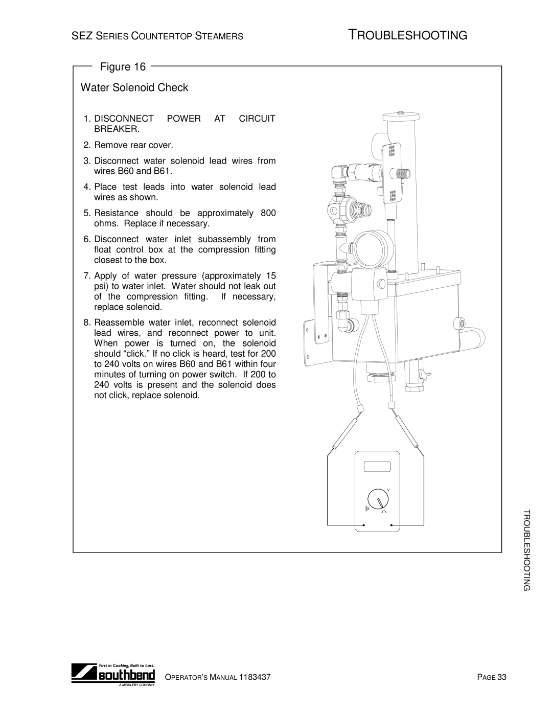 Southbend SEZ/3 manual Water Solenoid Check 