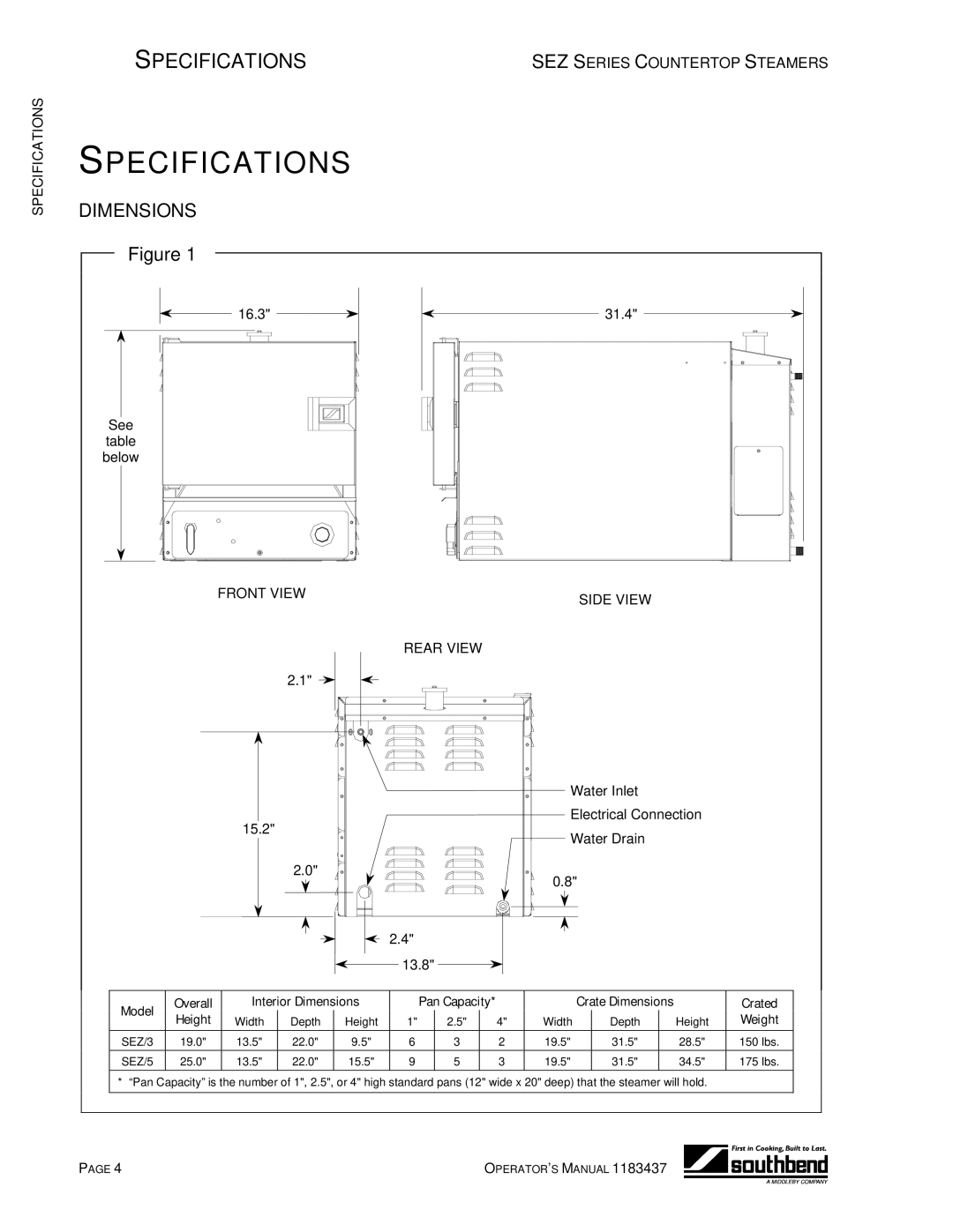 Southbend SEZ/3 manual Specifications, Dimensions 