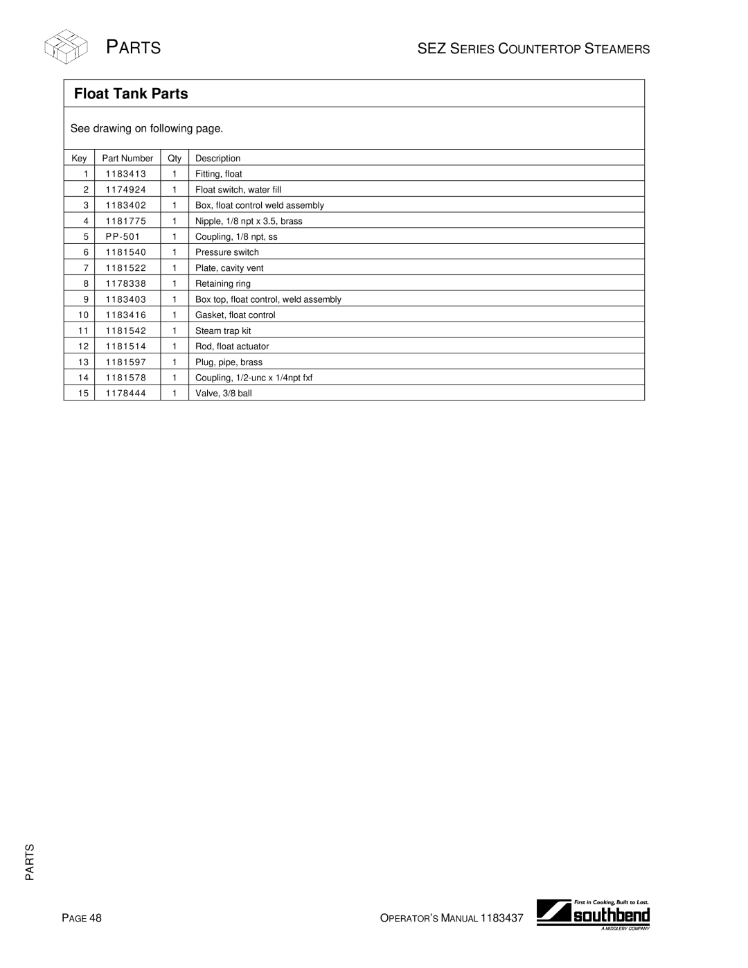 Southbend SEZ/3 manual Float Tank Parts 