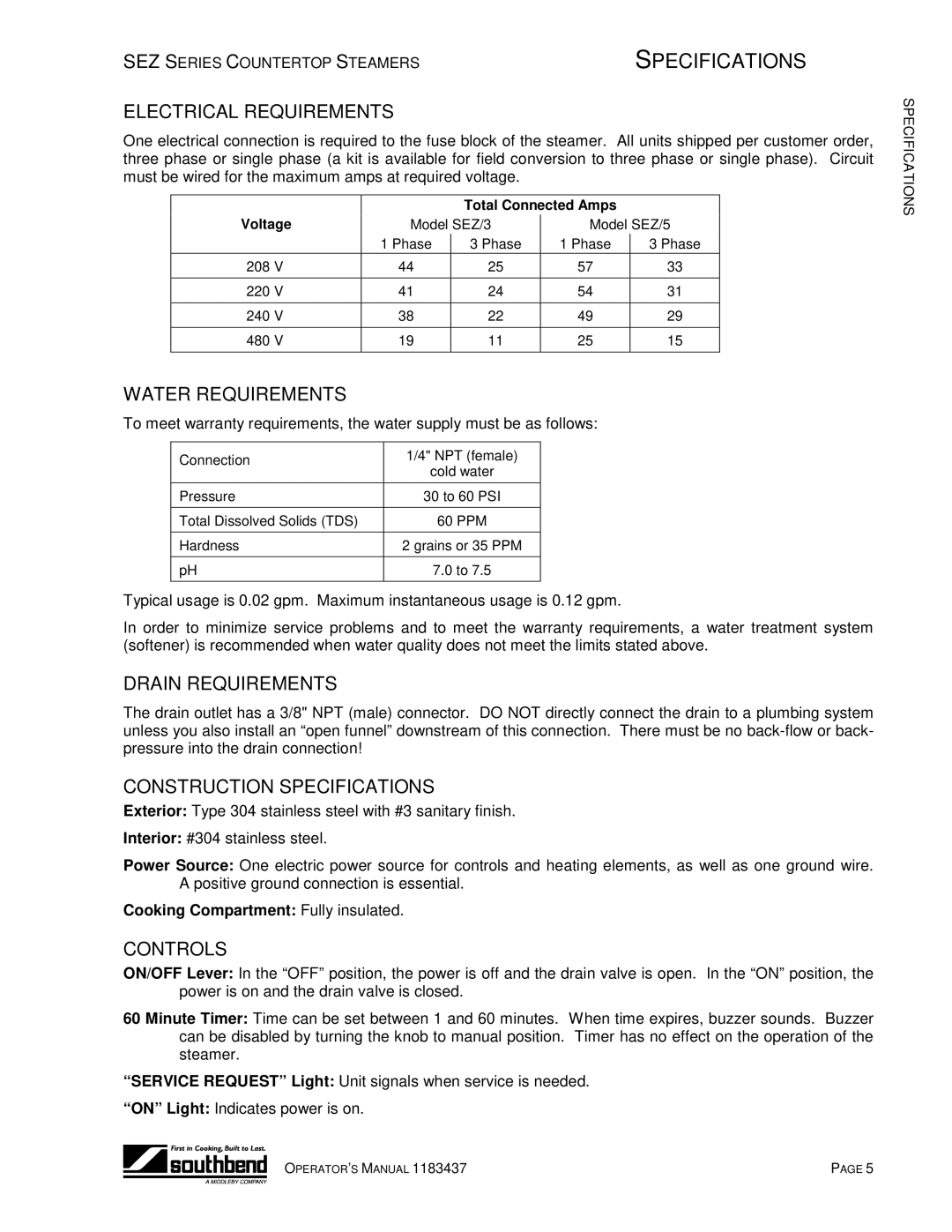 Southbend SEZ/3 Electrical Requirements, Water Requirements, Drain Requirements, Construction Specifications, Controls 