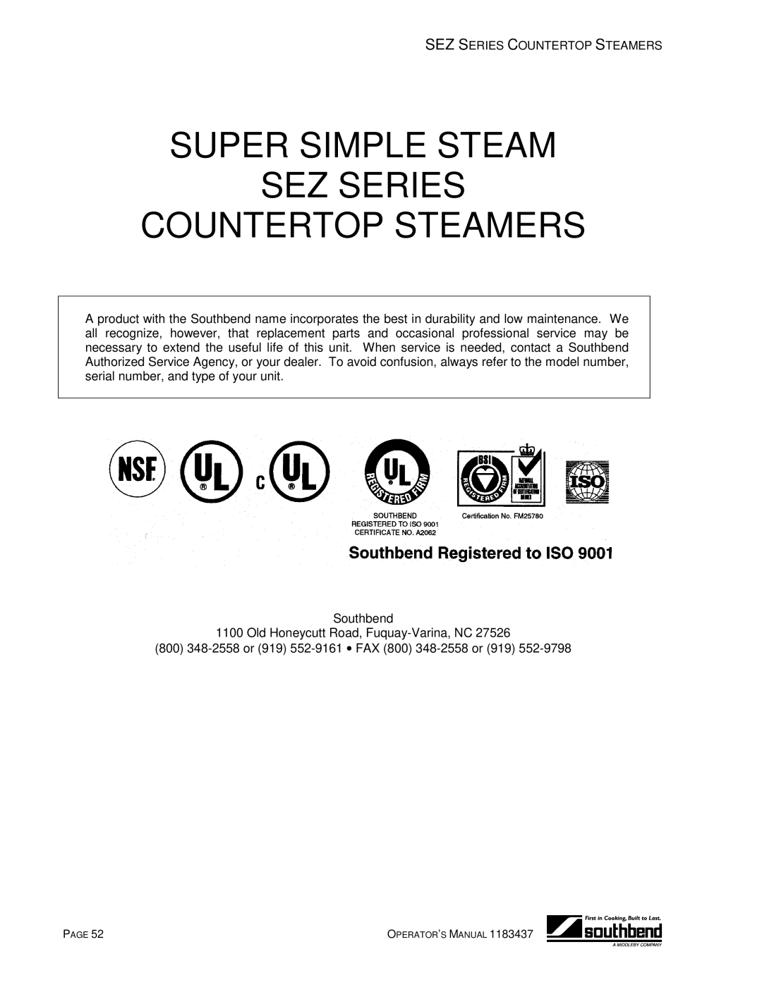 Southbend SEZ/3 manual Super Simple Steam SEZ Series Countertop Steamers 