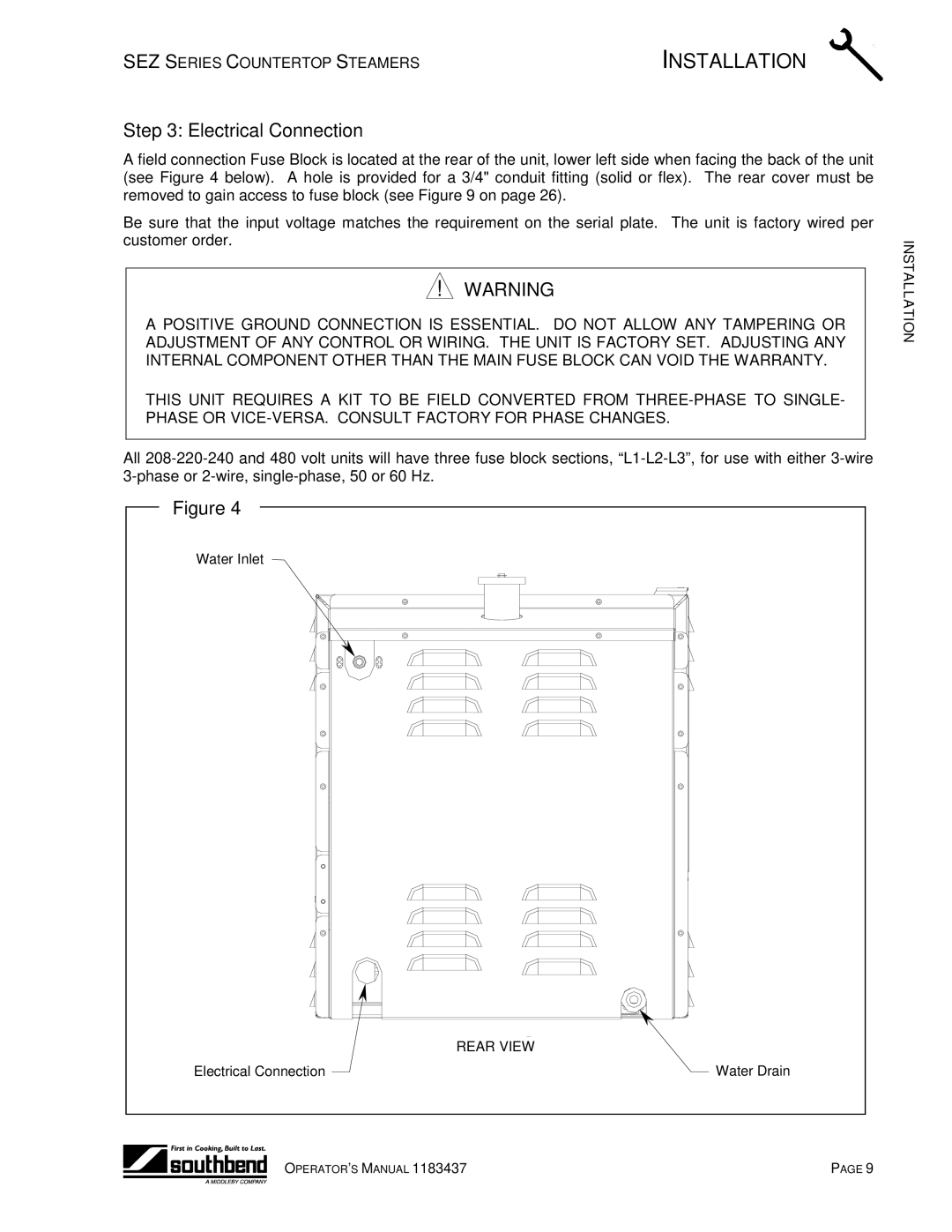 Southbend SEZ/3 manual Electrical Connection 