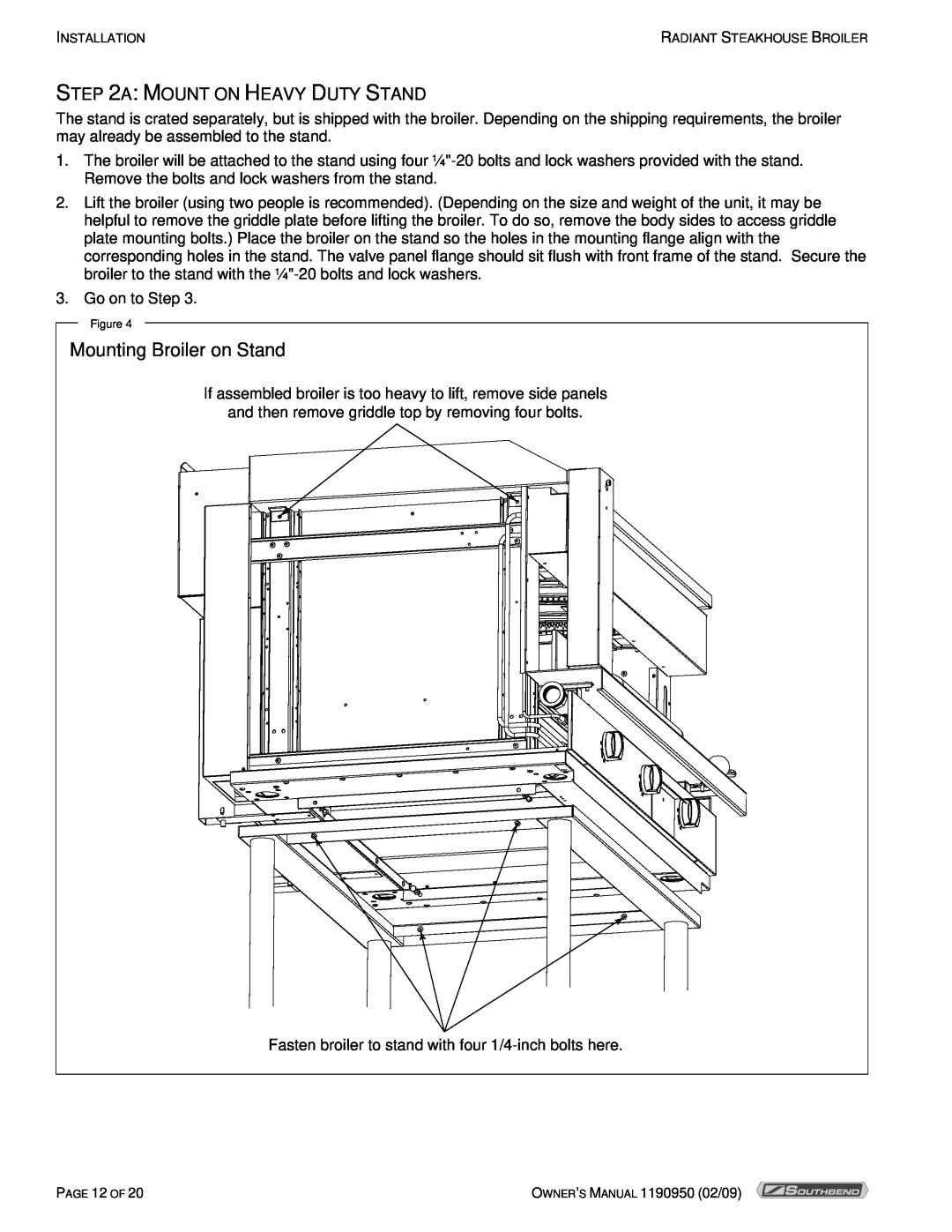Southbend SSB-45, SSB-32, SSB-36 owner manual Mounting Broiler on Stand, A Mount On Heavy Duty Stand 